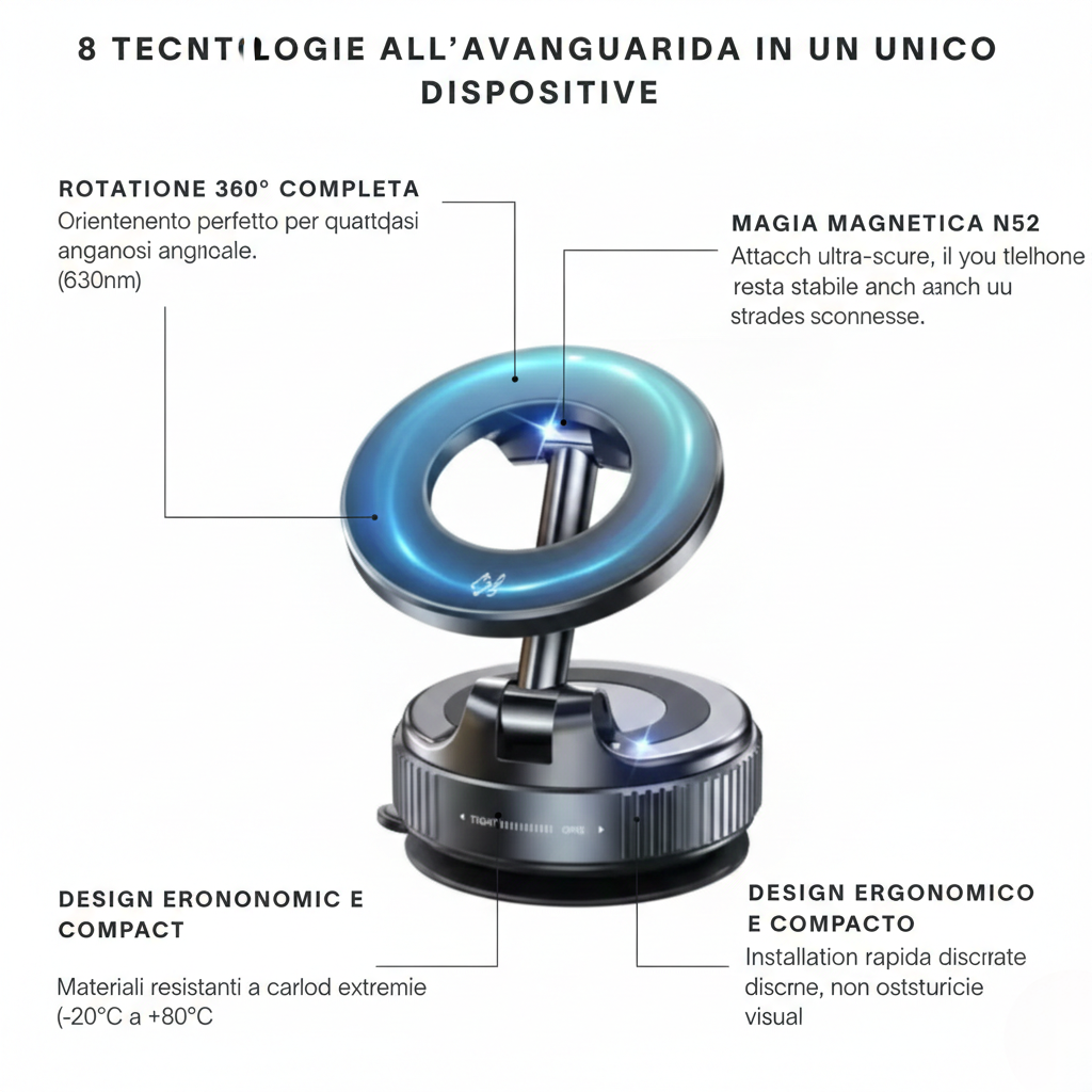 Supporto Magnetico per Smartphone con Ventosa Meccanica