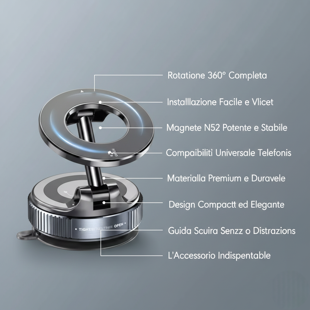 Supporto Magnetico per Smartphone con Ventosa Meccanica